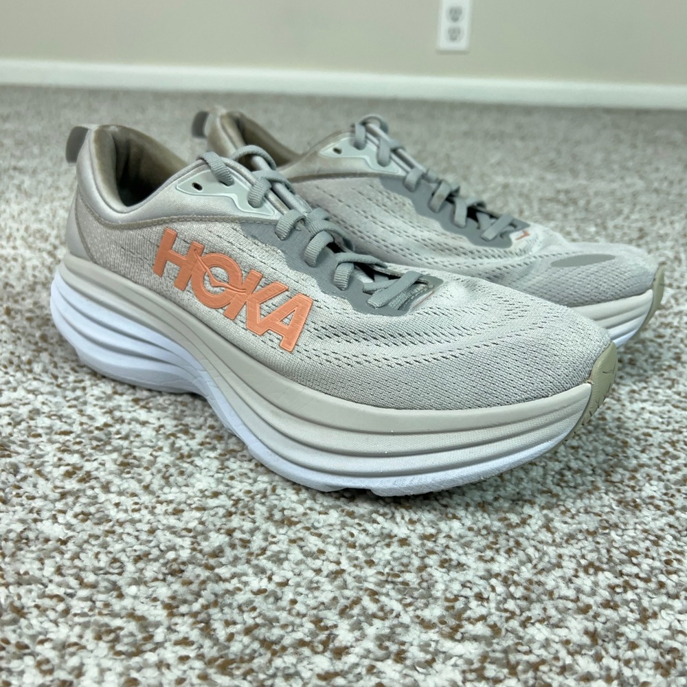 Hoka Shoes Womens 10 Gray Orange Bondi 8 Running Cushioned Sneakers Athletic